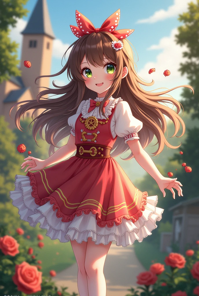 Magical girl française, in the colors of Alsace, avec beaucoup de rubans, cute, Brown hair, green eyes hair bows pretzel