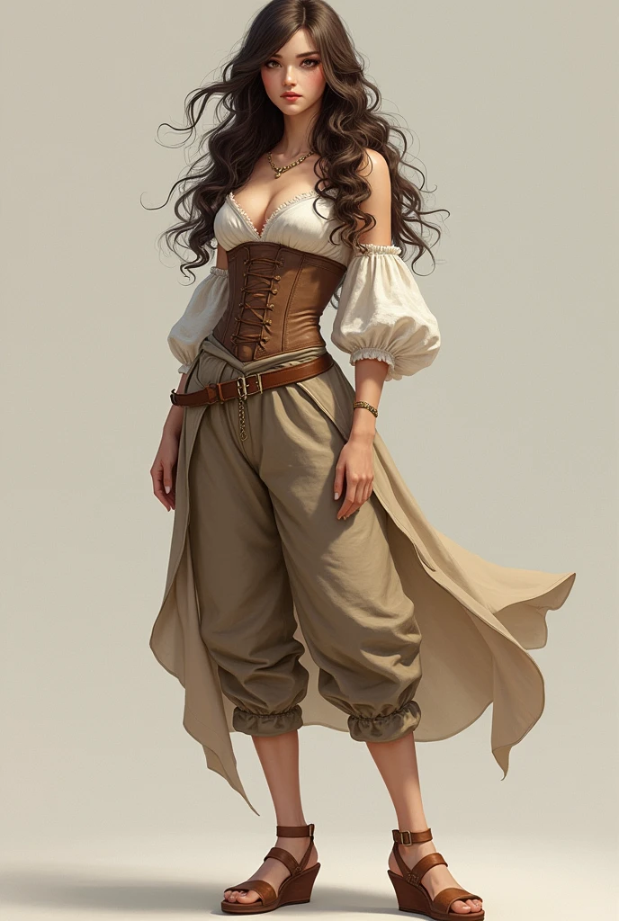 A 1.5 meters tall girl in her 20s wearing: knee-lenght breeches, a sleeveless chemise, a corset, sandals with wedges and a long curly wig
