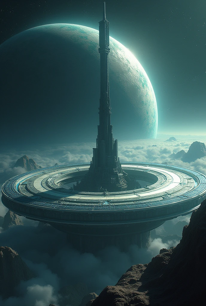 Create a super realistic image of a ring-shaped planet with a tower in the center 

