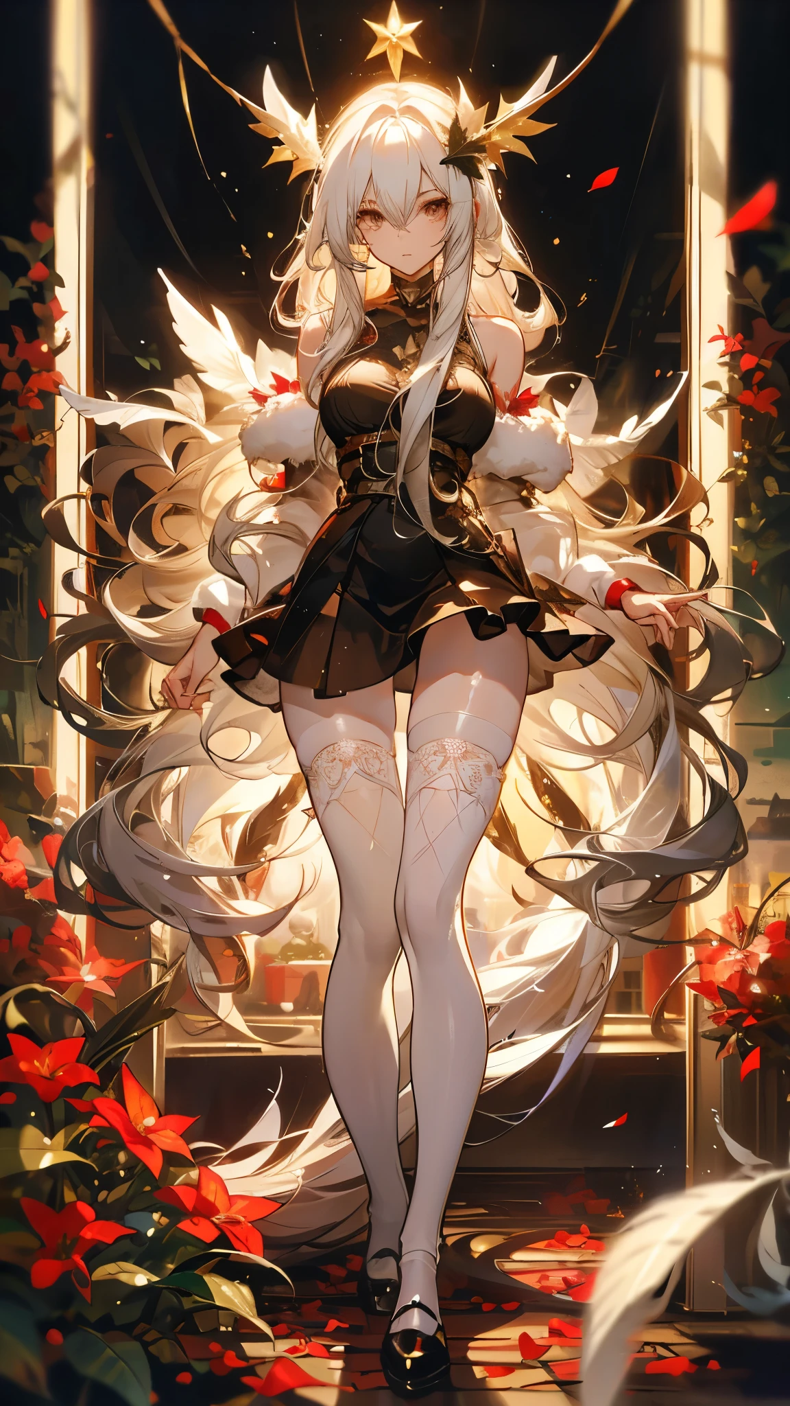 Perfect quality,Perfect body proportions,Long legs,Christmas girl,whole body,Long curly hair,Standing picture,White,feather,Leaves,Petals falling,sexly, See-through pantyhose,Fishnet stockings,transparent