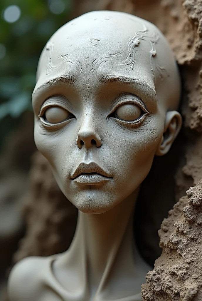 Surreal face made out of clay which expresses depressed person in a unique way. It should be natural. It should look like an Alien