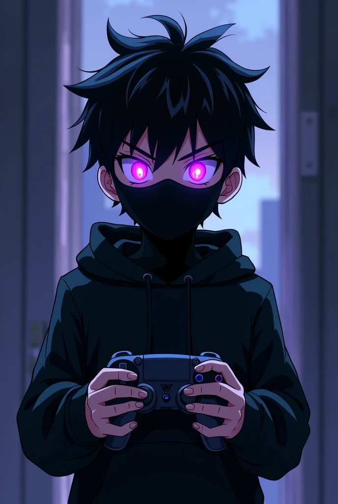 1 boy with purple glowing eyes and slightly spiky hair with an evil and intimidating look with a black sweatshirt and a black mask covering his nose and mouth , very intimidating , he's holding a video game controller, 2D Anime .