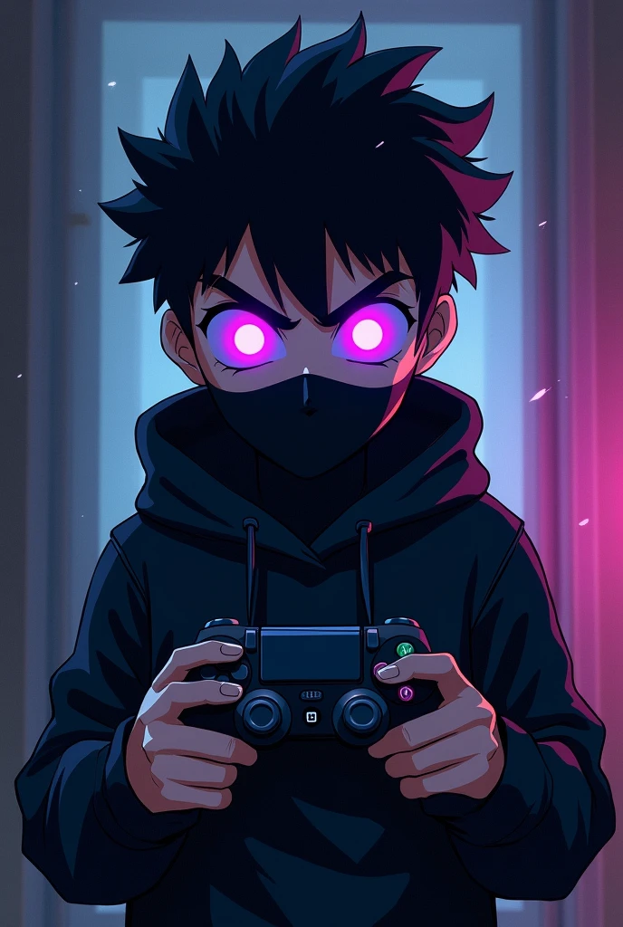 1 boy with purple glowing eyes and slightly spiky hair with an evil and intimidating look with a black sweatshirt and a black mask covering his nose and mouth , very intimidating , he&#39;s holding a video game controller, 2D Anime .