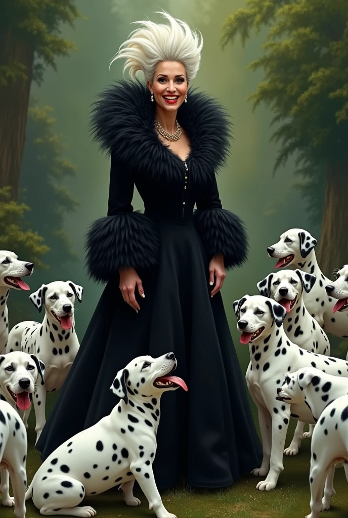 Kristi Noem dressed as Cruella Deville surrounded by a bunch of Dalmatians