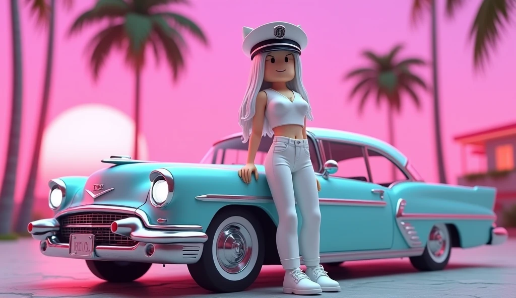 tall square roblox doll with body with slim waist and big hip, with white hair white short blouse white jeans white shoes and no lips, white police hat, cat ears, Caucasian skin, no mouth leaning on a classic car, cartoon, Vice City GTA, pink sky beach background with palm trees