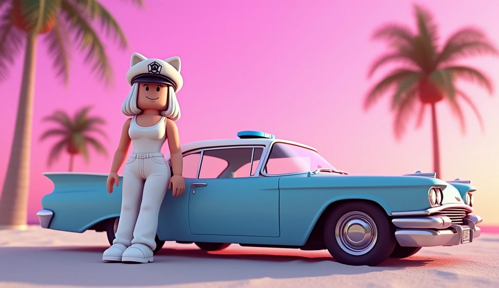 tall square roblox doll with body with slim waist and big hip, with white hair white short blouse white jeans white shoes and no lips, white police hat, cat ears, Caucasian skin, no mouth leaning on a classic car, cartoon, Vice City GTA, pink sky beach background with palm trees