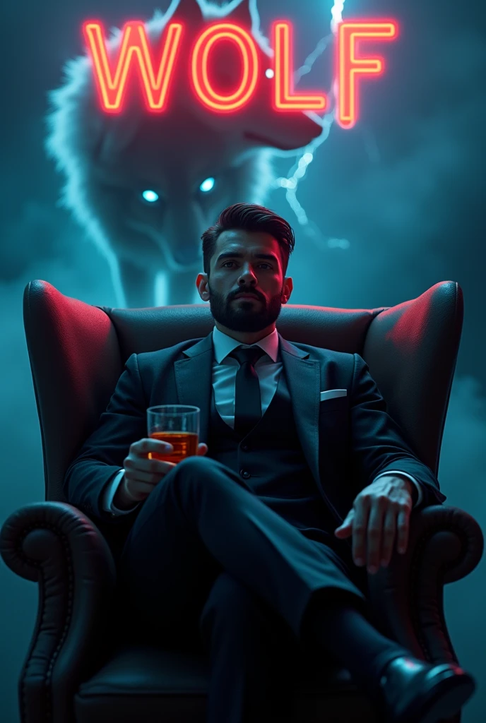 Create a realistic image where a 2 man wearing black luxury suit and sitting on king size chair, he's holding a whiskey glass in his hand, there is smoke in background a shadow of wolf and Wolf's eyes is glowing in blue colour. There is a thunderstorm effect in background In background the name "wolf" is showing in bold and neon effects just above the head of the character as per his name. 