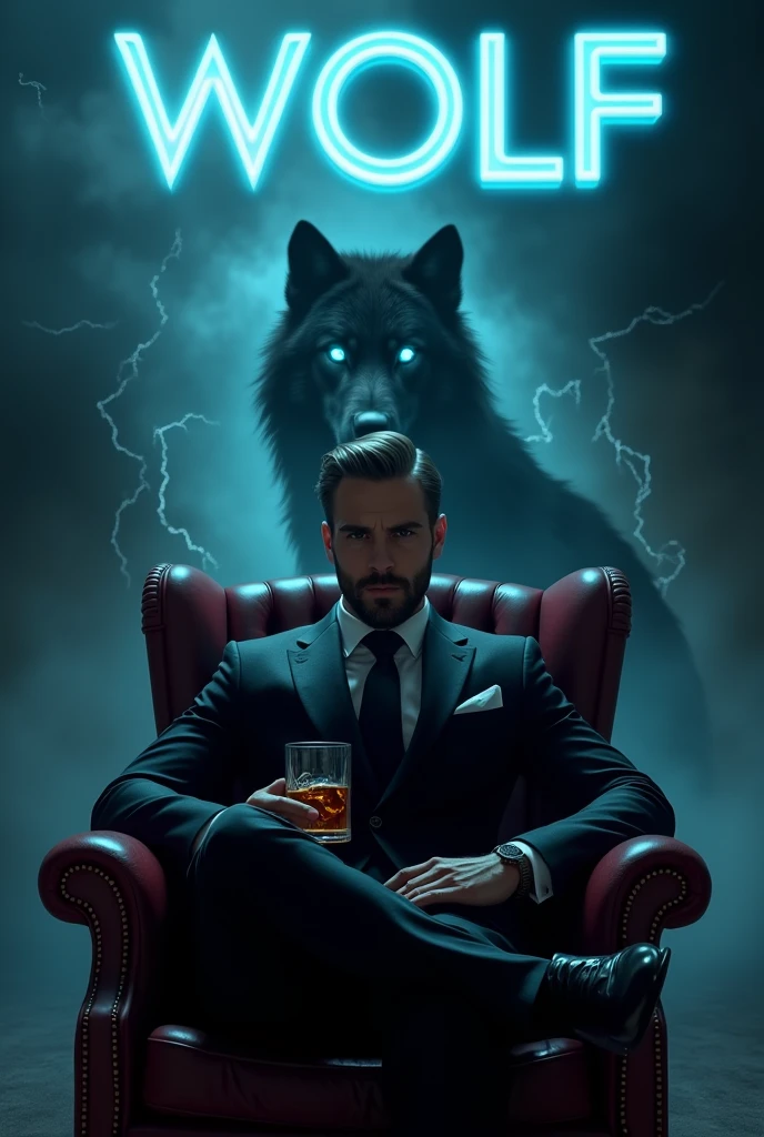 Create a realistic image where a 2 man wearing black luxury suit and sitting on king size chair, he's holding a whiskey glass in his hand, there is smoke in background a shadow of wolf and Wolf's eyes is glowing in blue colour. There is a thunderstorm effect in background In background the name "wolf" is showing in bold and neon effects just above the head of the character as per his name. 
