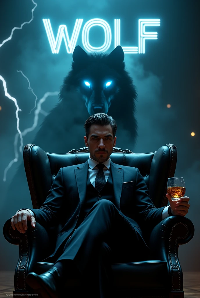 Create a realistic image where a 2 man wearing black luxury suit and sitting on king size chair, he's holding a whiskey glass in his hand, there is smoke in background a shadow of wolf and Wolf's eyes is glowing in blue colour. There is a thunderstorm effect in background In background the name "wolf" is showing in bold and neon effects just above the head of the character as per his name.