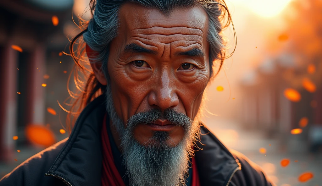 ancient asian man looking directly at the camera, not at the center, clear facial features, bright colors, light particles, with bright light, Mushhiv, wallpaper art, UHD wallpapers, vivid atmosphere, near a house ancient village