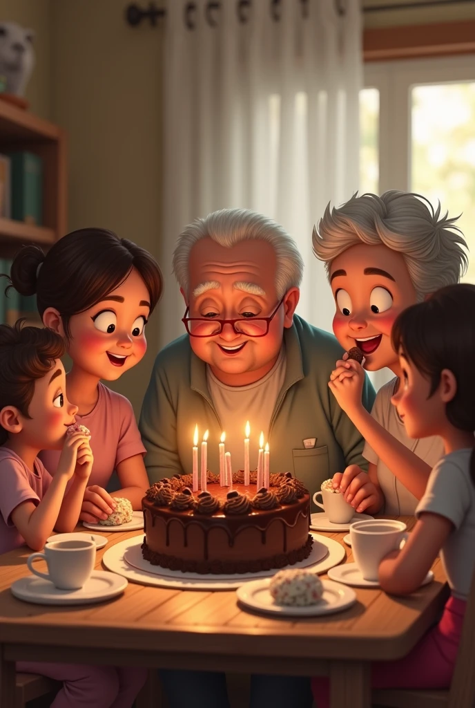 The family sits around the table, smiling and savoring slices of the delicious chocolate cake, enjoying each other’s company.