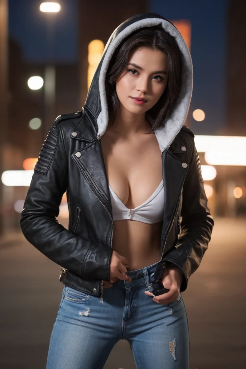cinematic photo of score_9,score_8_up,(masterpiece,best quality,ultra high res:1.1),(photo-realistic:1.1) ,(looking at viewer straight angle, Wearing a hooded jacket with hood off the head, warm
1girl,breasts apart,22yo,upper body,
wzx,light makeup,(Leather_jacket_with_patchwork:1.4),(Skinny_ripped_jeans:1.3),(Motorcycle_boots:1.2),, 35mm photograph, film, bokeh, professional, 4k, highly detailed