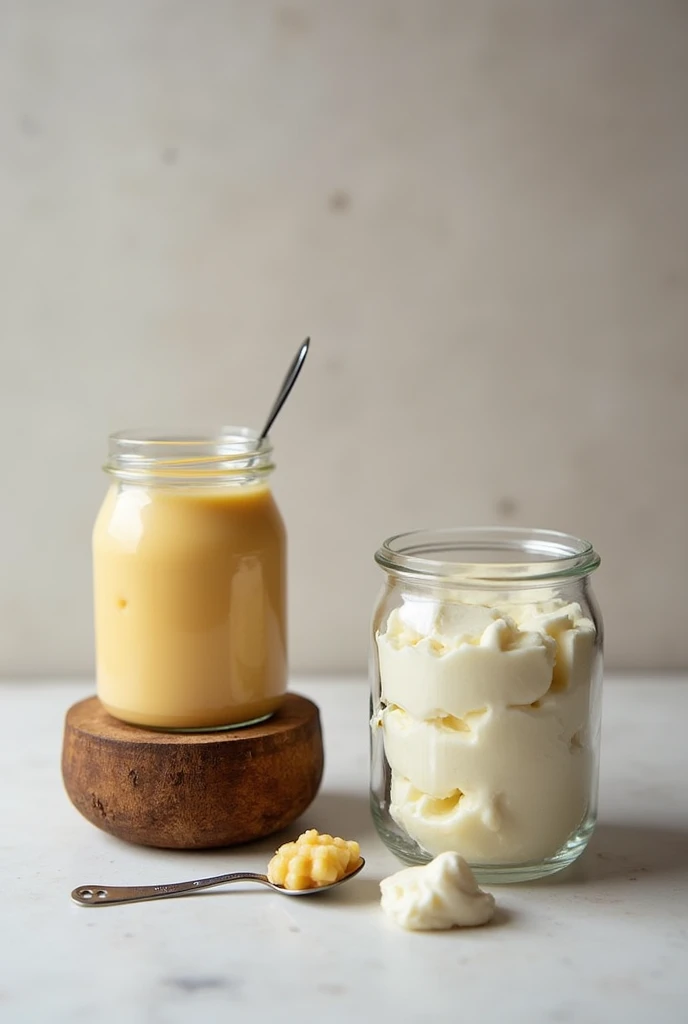 a wooden jar of creamy dulce de leche and another glass jar of cottage cheese, with a spoon (without the holes in the creams)