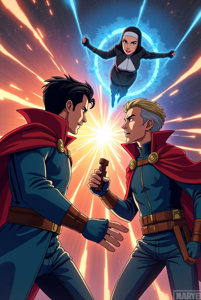 Star-lord (peter quill) & Doctor strange vs. Nun woman, Whole body, 3 people, anime, until, fight.