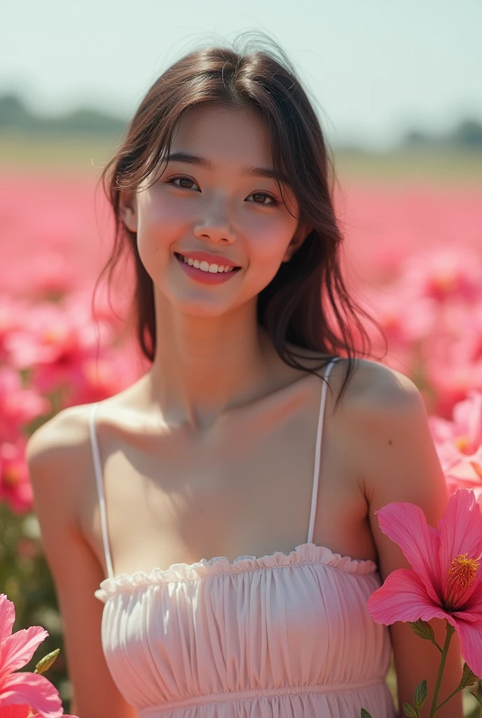 Best quality, masterpiece, ultra high resolution (photorealistic: 1.4), raw photo, 1 girl, white dress, bare shoulders, field of pink flowers in bloom, glowing skin, slight smile