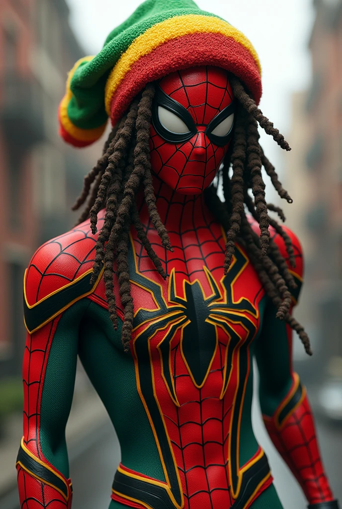 Rastafarian spider man with red yellow and green clothes with the symbol of marijuana and a joint in his hand
