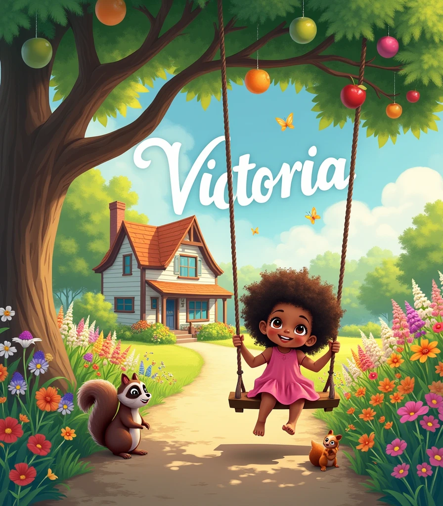 beautiful big garden, a little house in the background in spring leaves flying,full of flowers of various colors a swing in the tree with fruits,various animals, butterflys, squirrel, raccoon, a smiling brown child with brown eyes in a pink dress baby , with curly hair on the swing playing, flowers along the dirt road,large image of the name Victoria written in light baby pink in the background, high resolution ,width twice as large as height