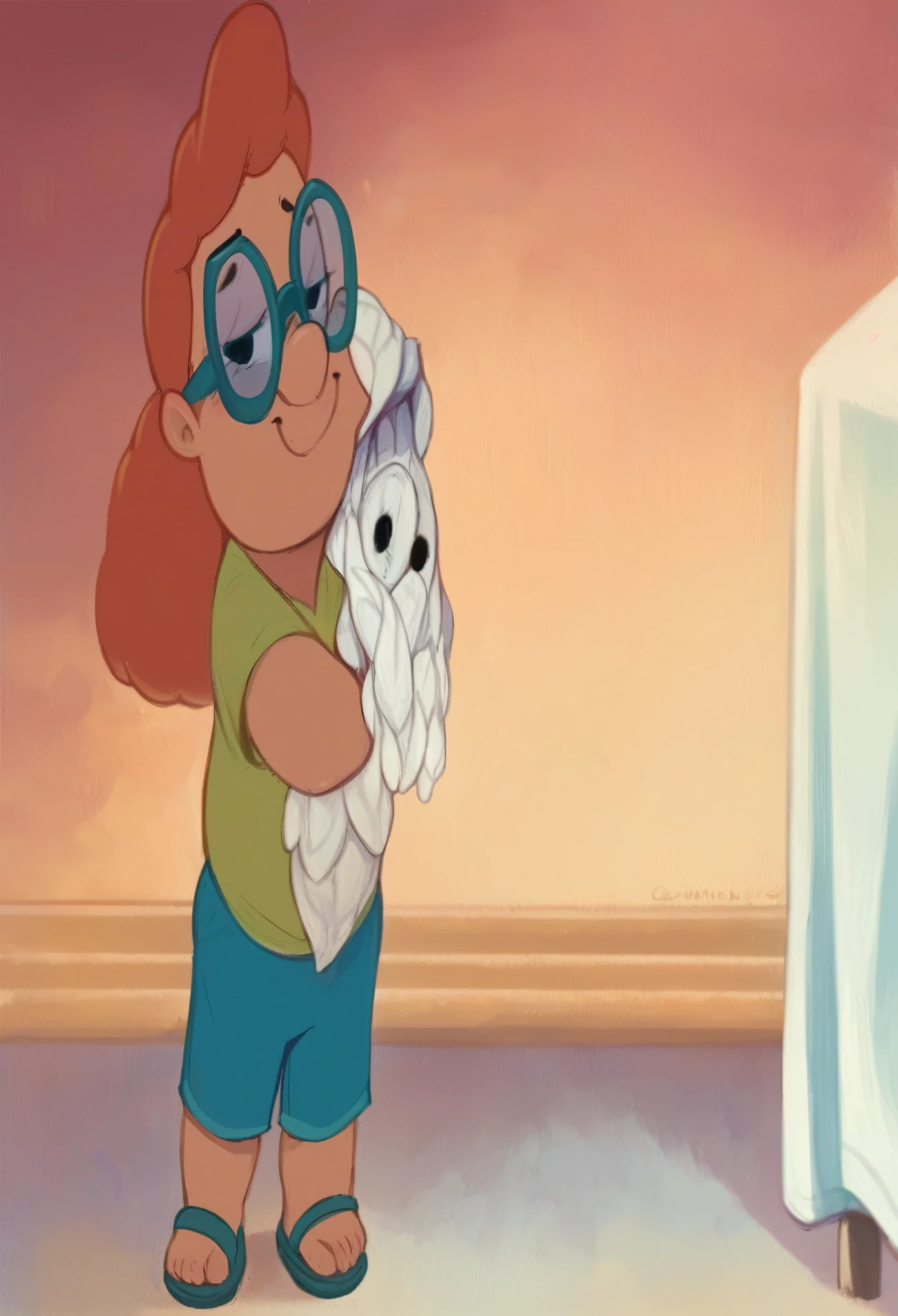 A cartoon of a woman with glasses standing on a floor looking hot and sexy
rating_explicit, Mertle_Edmonds, 1girl, little_child, female_child, curvy red hair, long hair, round blue-green glasses , yellow-green t-shirt , cyan shorts, teal sandals, on the beach, looking at viewer, chubby, full body, smiling, shy, score_9, score_8_up, score_7_up, score_6_up, score_5_up, score_4_up,
