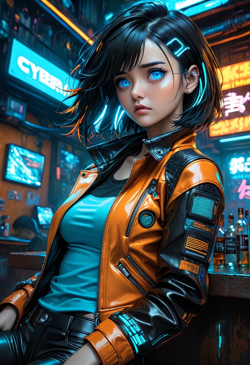 illustration, detailed illustration, ultra detailed, dynamic angle, cyberpunk, 30 year old woman, medium black hair, hair with cyan streaks, mismatched eyes, cybernetic eye, blue eye, lean, medium breasts, black leather top, orange leather jacket, tired expression, cowboy shot, dark bar interior, dark environment