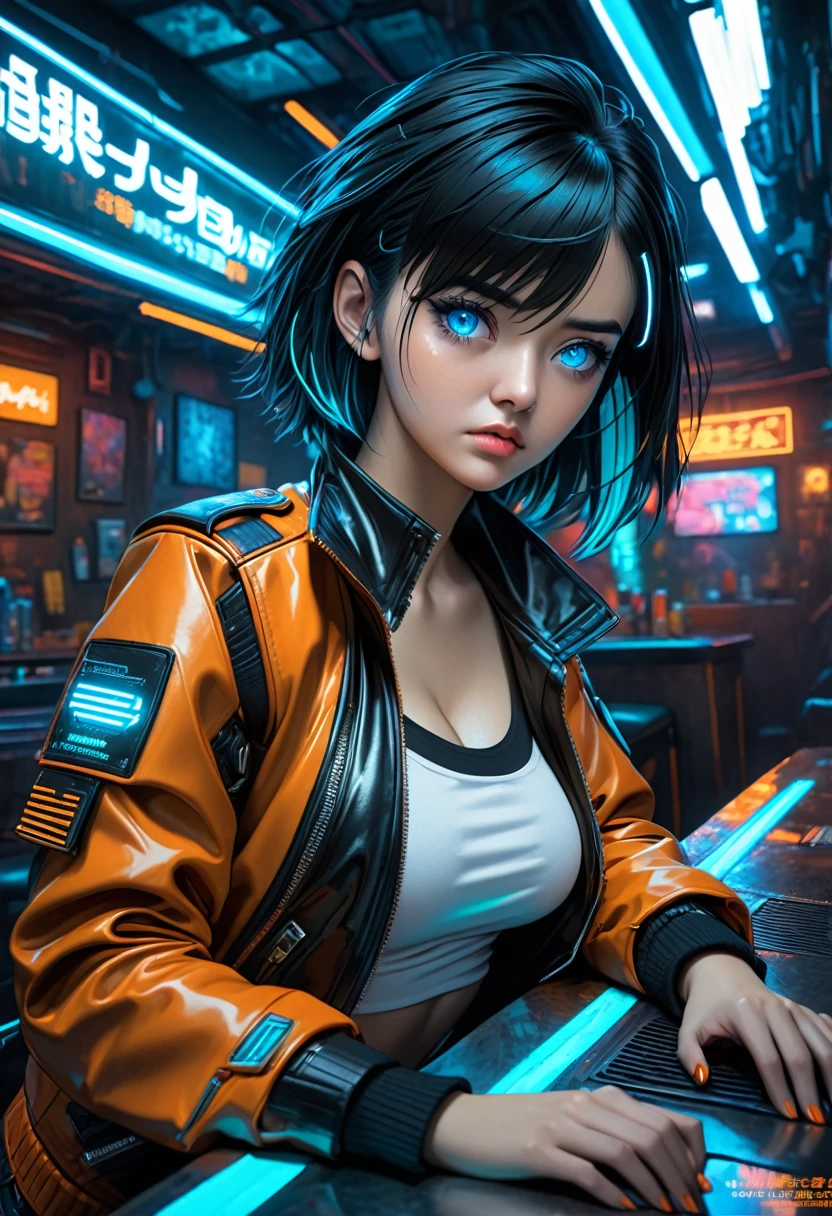 illustration, detailed illustration, ultra detailed, dynamic angle, cyberpunk, 30 year old woman, medium black hair, hair with cyan streaks, mismatched eyes, cybernetic eye, blue eye, lean, medium breasts, black leather top, orange leather jacket, tired expression, cowboy shot, dark bar interior, dark environment