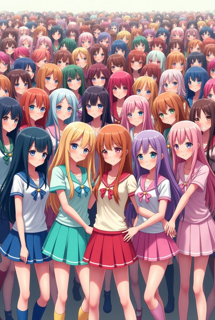8,000 anime girls with floor-length hair wearing colorful skirts that show off their colorful panties, colorful thigh-high socks, and colorful hiraguks with large hearts on them, take a group photo while holding each other in close contact, smiling slightly and facing forward.