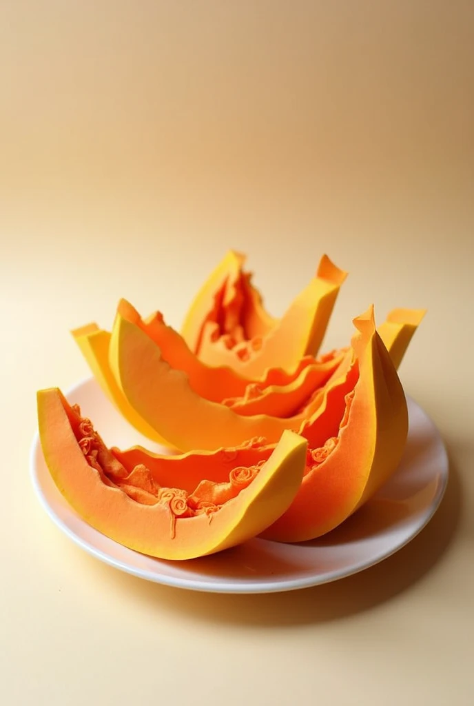 papaya peels on a plate,  ​masterpiece, all in three dimensional paper art、(Almond Shapes);1.9、(Three-dimensional paper-cut art.、fullcolor):1.9
