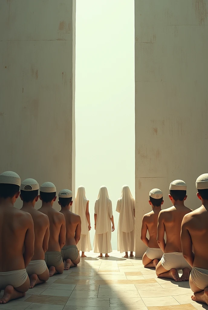 There is a high wall separating two groups, on one side men pray kneeling in underwear and Islamic caps on their heads, on the other side women with winds pray standing up.