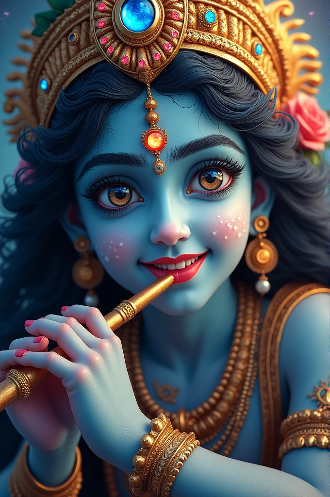 (Close-up of a better masterpieces hair:1.1) Lord Sri Krishna smiling in his universal avatar playing flute dancing on a 7 headed serpant with whole universe inside his eyes HD colorful and beautiful