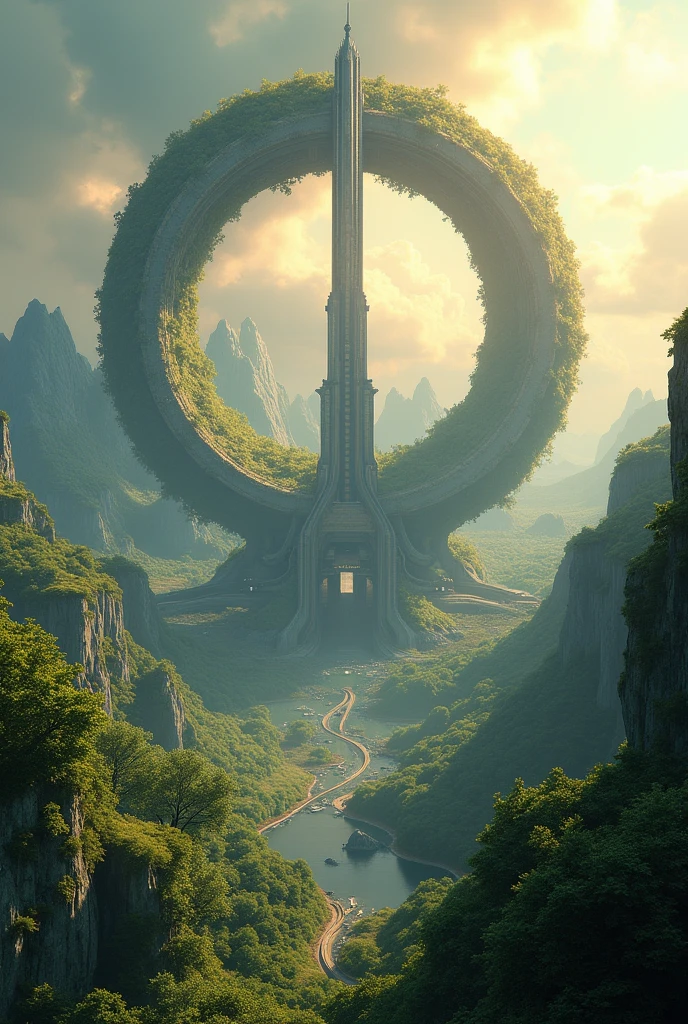 Create an image of a ring-shaped planet with a tower in the center, super realistic, with more light and lots of nature



