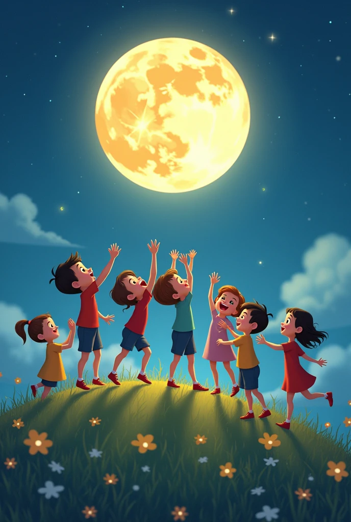 Create me an animated full moon image for kids and with kids around it