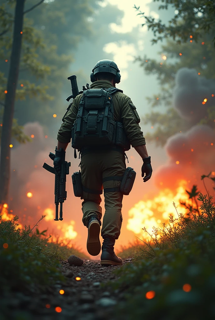 Photorealism 1.4 realistic realism high detailed definition create for me movie poster 6 commando on the centre background explosion shooting action smoke effect with backpack woodland camouflage uniform