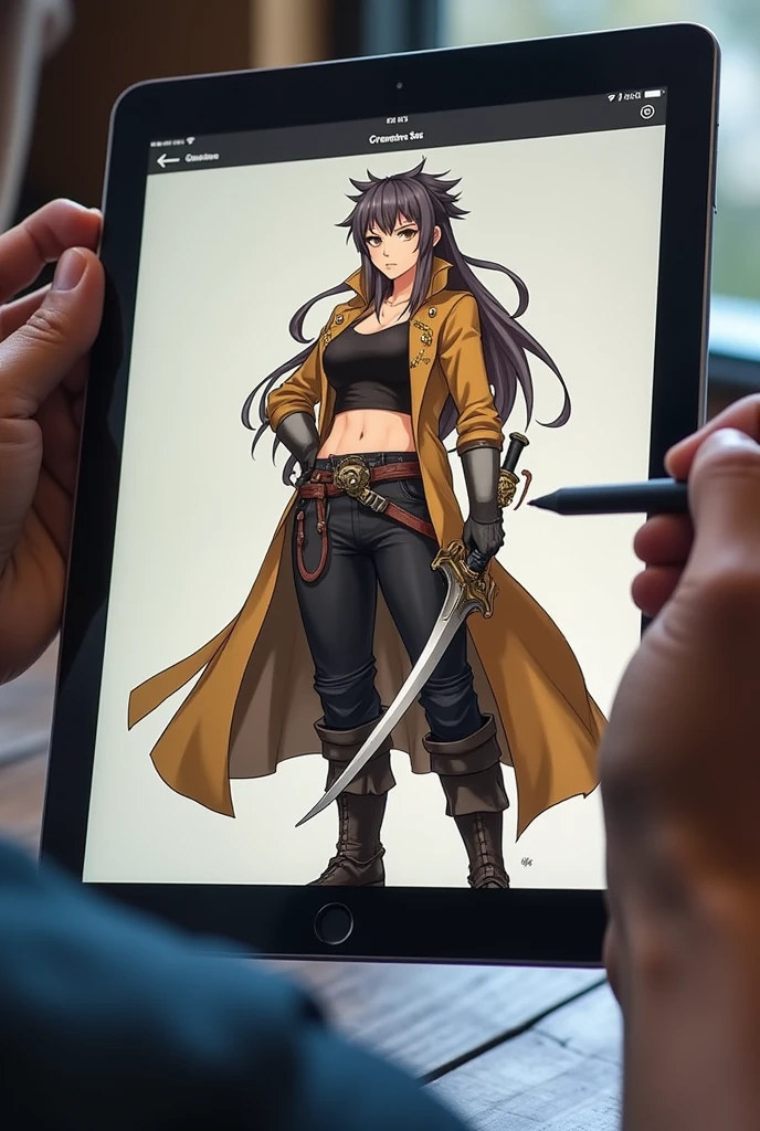 Make it seem like I'm drawing a digital fan art of beidou from genshin impact on an iPad with stylus in my hand. Only hand and the screen with the drawing is visible