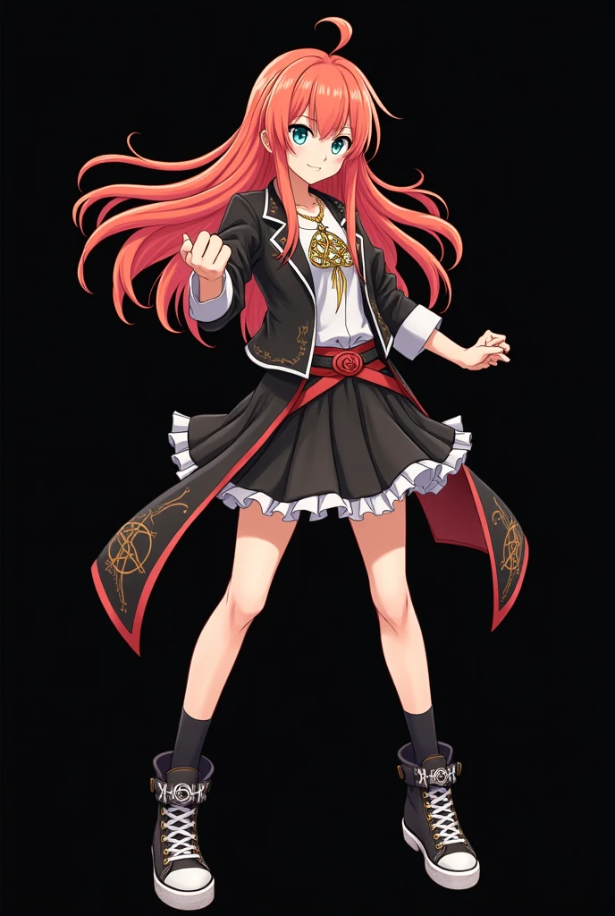 A full body image of an child, personagem do anime "JUJUTSU KAİSEN", she is very beautiful, with long, straight, fire-colored hair with two white streaks highlighted in the front, framing your face. ella tem olhos verde-azulado e a pele pálida. she is a Wiccan, she is in fighting pose. she wears a pentagram necklace, skirts, beautiful women's high-top shoes and ¾-long socks. ella | drawn with animation by Gege Akutami. black backdrop.