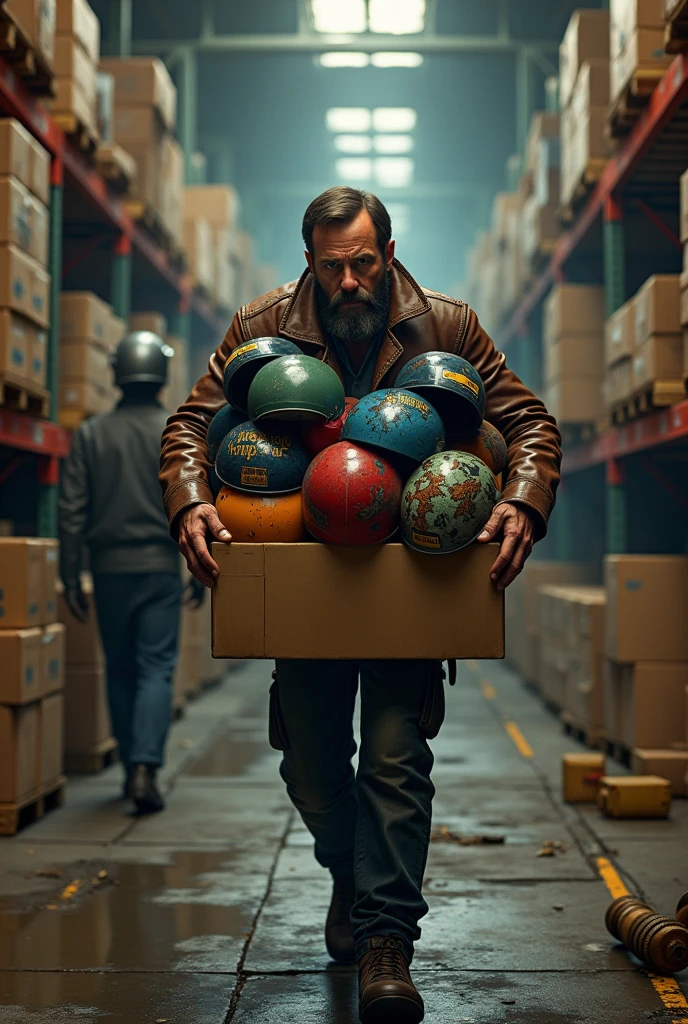 A biker carrying several boxes of helmets in his hands working in a helmet warehouse