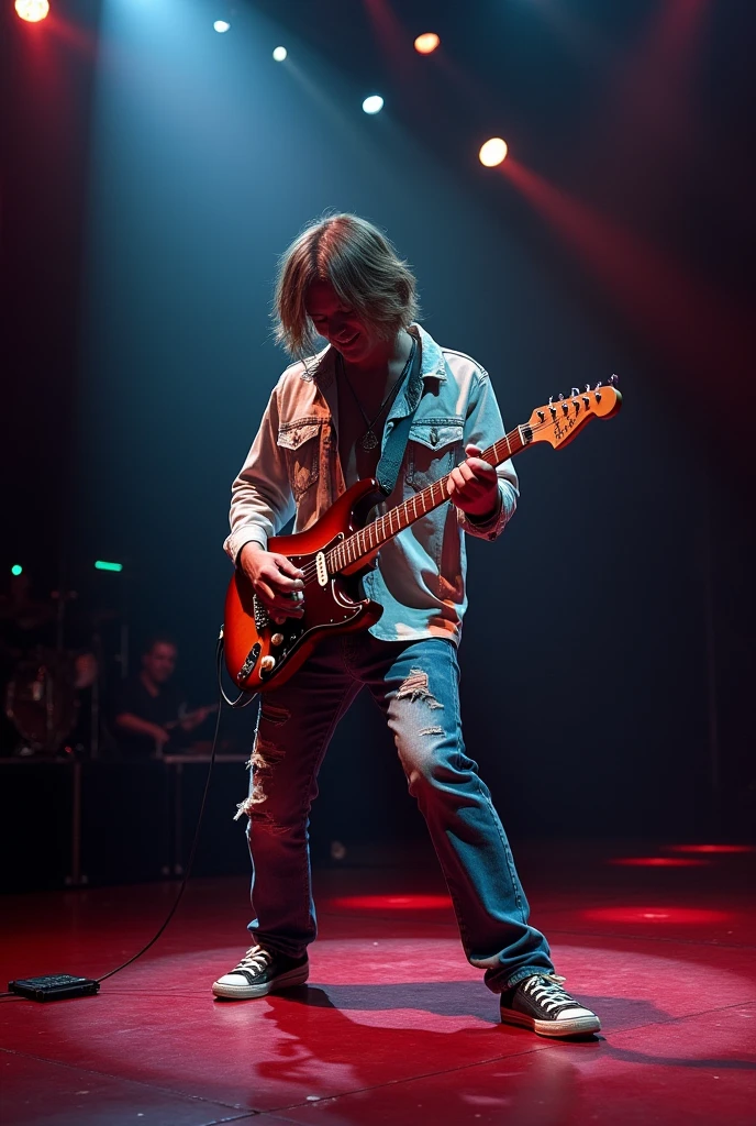 ภาพโคลสอัพน่ารักมากของแมวส้มบนstage, concert, (Kinetics: 1.2), complicated details, ((แมวPlay Music)) ,Two-legged standing,Torn clothes, Walk on two legs,Fun in the eyes,Guitar Hold,Play Music,stage,Concert lights