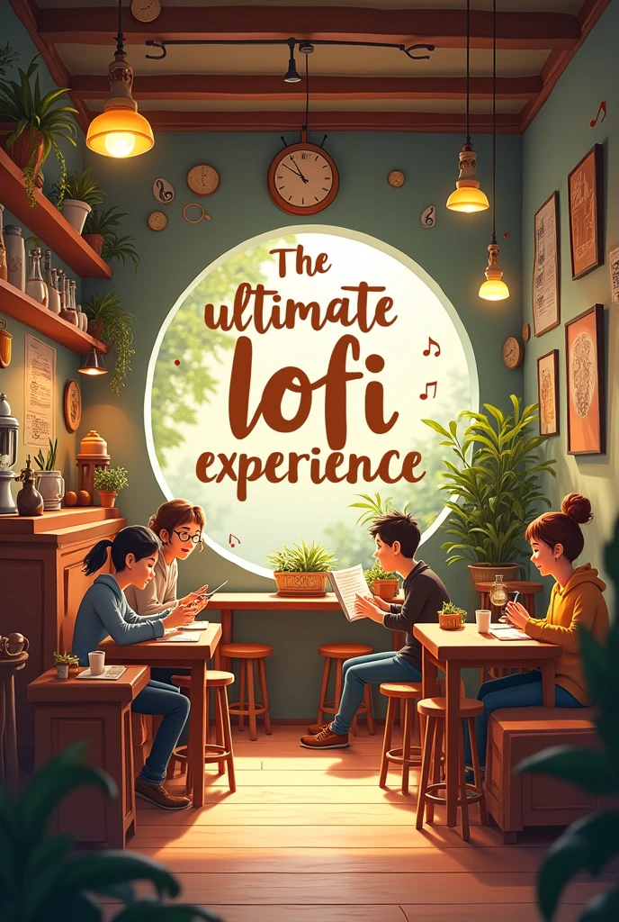 An animated cafe interior with music notes floating around, featuring a relaxing atmosphere. Text reads "Ultimate Lofi Experience!"