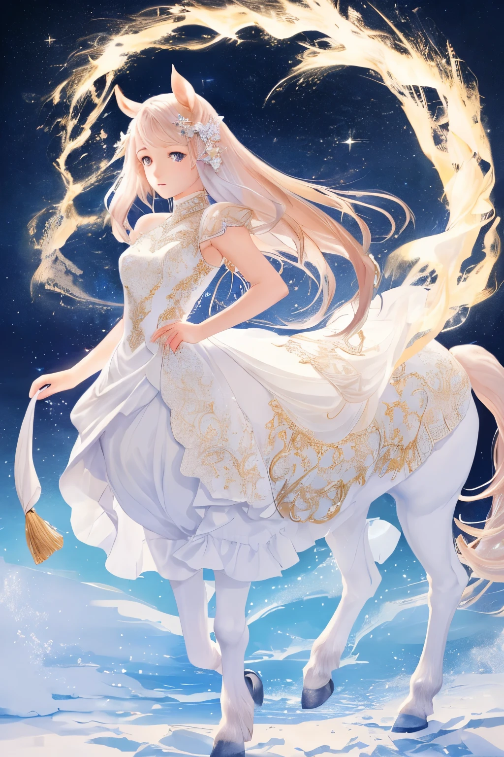 (Highest quality, masterpiece, High resolution), ((Fantasy))、 (Girl Centaur:1.2)、(A cute girl with a horse-like lower body:1.2), (Beautiful Face)、Beautiful Hair、The starry sky adorns her hair, Translucent dress, white royal dress, Elegant white dress, Fantasy Dress, Elegant Dresses, Magical Dress, Romantic Dresses, intricate Fantasy Dress, with shining flowers、meteor, milky way, Star Cloud, embroidery, Backlight、amazing splash、 bright,