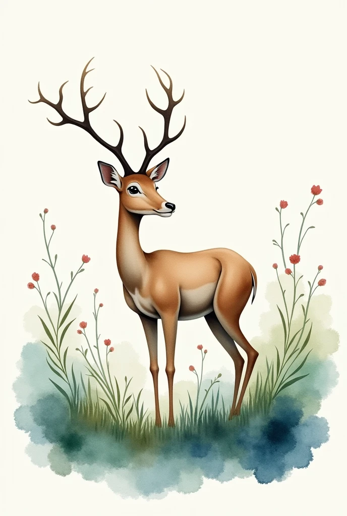 art, water colour, Pampas deer - Ozotoceros bezoarticus, 