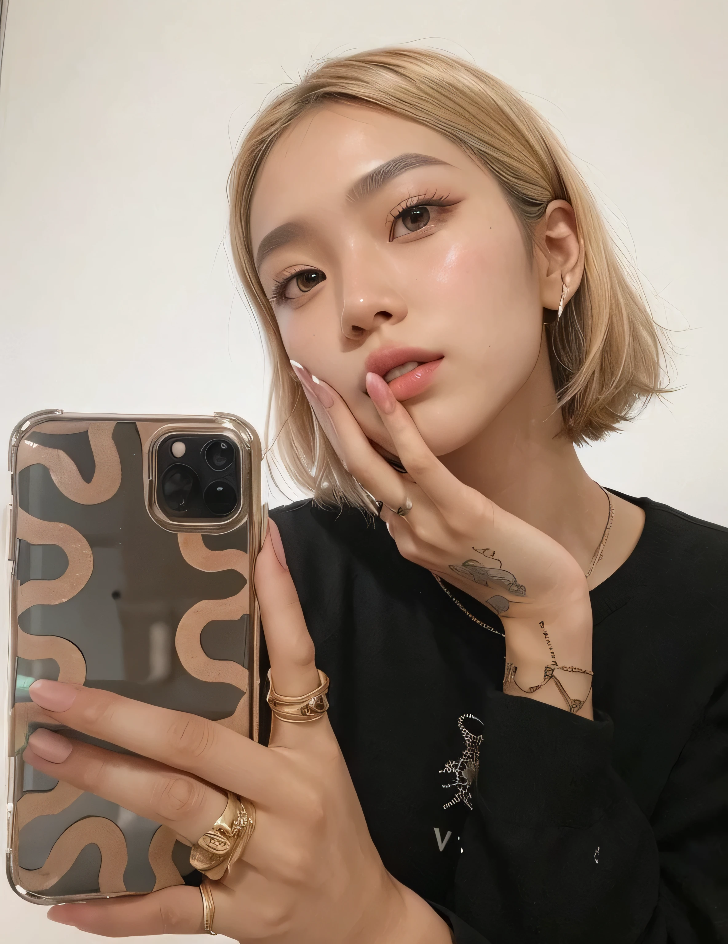 best quality, Korean girl, bronze skin, amber eyes, button nose, Instagram model, mirror selfie, short hair.