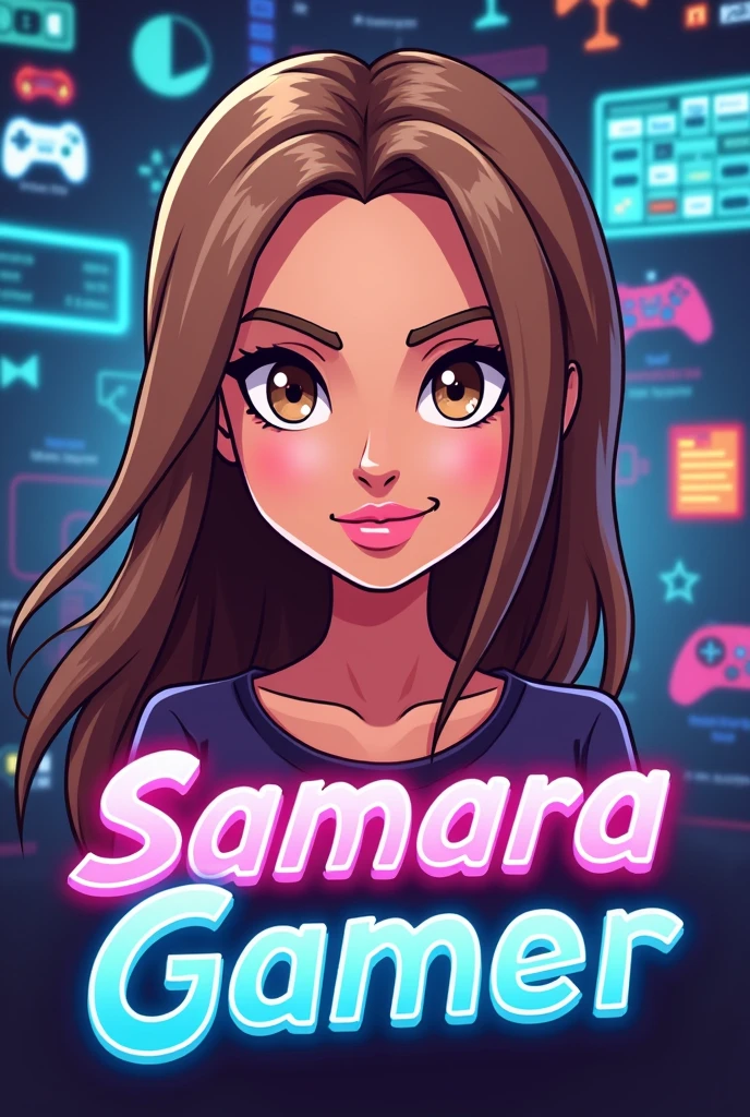 Create a kids logo for a YouTube channel , with an avatar of an imposing woman with straight light brown hair at shoulder length, Oval face,  light brown eyes with pink lips,  and with the name Samara Gamer on a background of virtual games like play mouth without sexualization 
