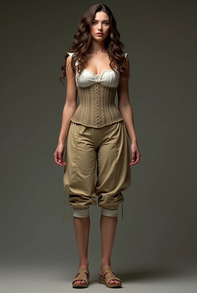 A 1.5 meters tall girl in her 20s wearing: trunkhose paned breeches, a sleeveless chemise, a corset, sandals with wedges and a long curly wig