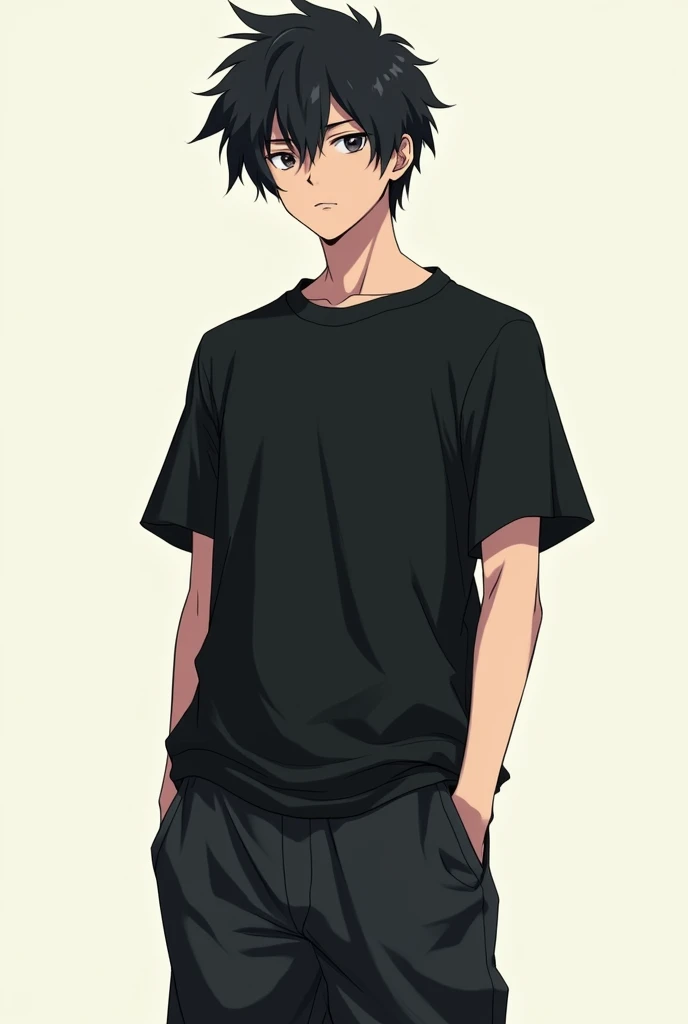 anime with messy black hair and black t-shirt and baggy pants 18years old