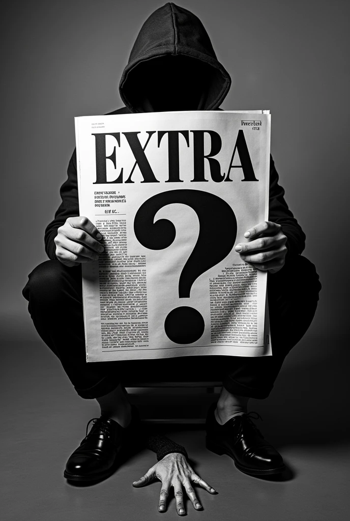 crea un periódico en blanco y negro donde el Titulo principal de la portada diga "Extra Extra" and the cover is a question mark with a hand lying on the floor that generates mystery and the title below it says "q.p.c.c" And a person is holding that newspaper but covering his face