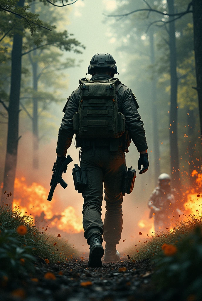 Photorealism 1.4 realistic realism high detailed definition create for me movie poster 6 commando on the centre background explosion shooting action smoke effect with backpack woodland camouflage uniform