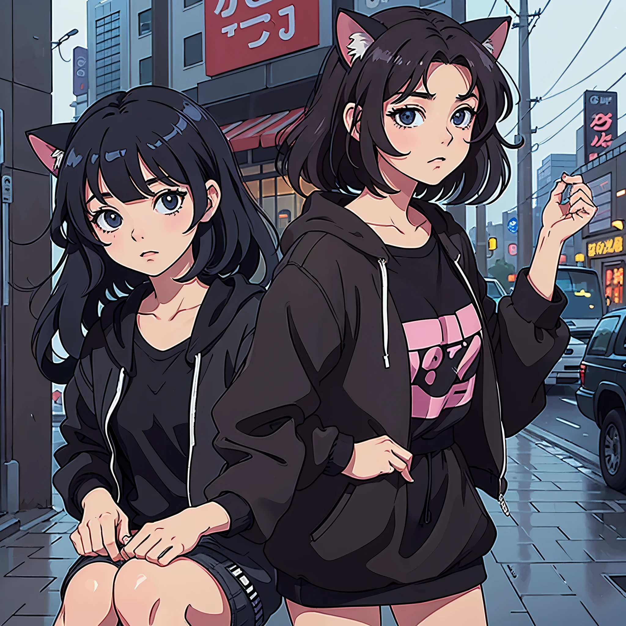 cat girl, with cat ears, short black hair, with rain and relaxing, listening to music, com roupa preta, in a city chuvosa, with black clothes and darker colors, with black clothes and darker colors, with black clothes and darker colors, darker colors in the drawing. in a city, in a city, , looking forward, with cute doting eyes, a quiet place, with plenty of detail in the city in the background, 8 0 s anime vibe, 90s anime aesthetics, 90s anime style, 90's anime style, 90s anime art style, lofi girl, 80s anime art style, 80s Anime Style, 1980's anime style