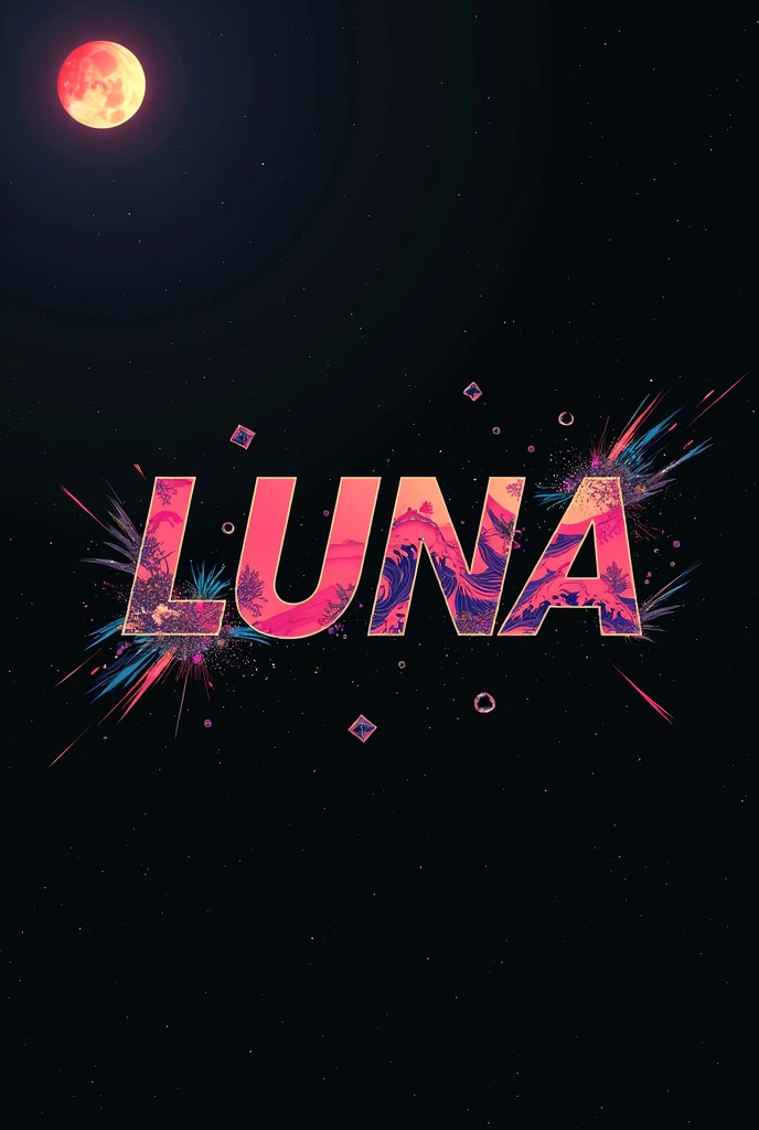 High resolution, logo spelling swiftly “Luna” cool, Jdm theme, anime theme, Cyberpunk vibe name spelling, brand logo, logo for tshirt, brand logo “LUNA”, neon vibes, acid trip vibes, acid trip, shooting stars, acid trip inside “LUNA”, acid trip, hallucinations inside “LUNA”, Waves of hallucinations, splash, waves of futuristic hallucinations, futuristic wave, stars in the background, red strange moon, waves of despair, black, EDM