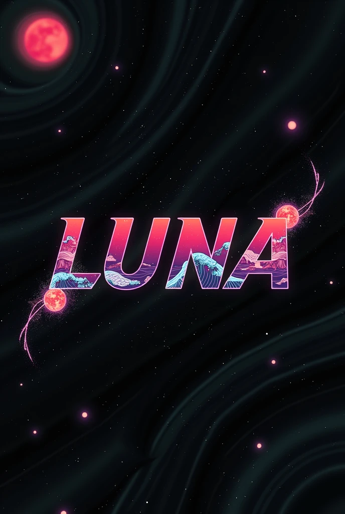 High resolution, logo spelling swiftly “Luna” cool, Jdm theme, anime theme, Cyberpunk vibe name spelling, brand logo, logo for tshirt, brand logo “LUNA”, neon vibes, acid trip vibes, acid trip, shooting stars, acid trip inside “LUNA”, acid trip, hallucinations inside “LUNA”, Waves of hallucinations, splash, waves of futuristic hallucinations, futuristic wave, stars in the background, red strange moon, waves of despair, black, EDM