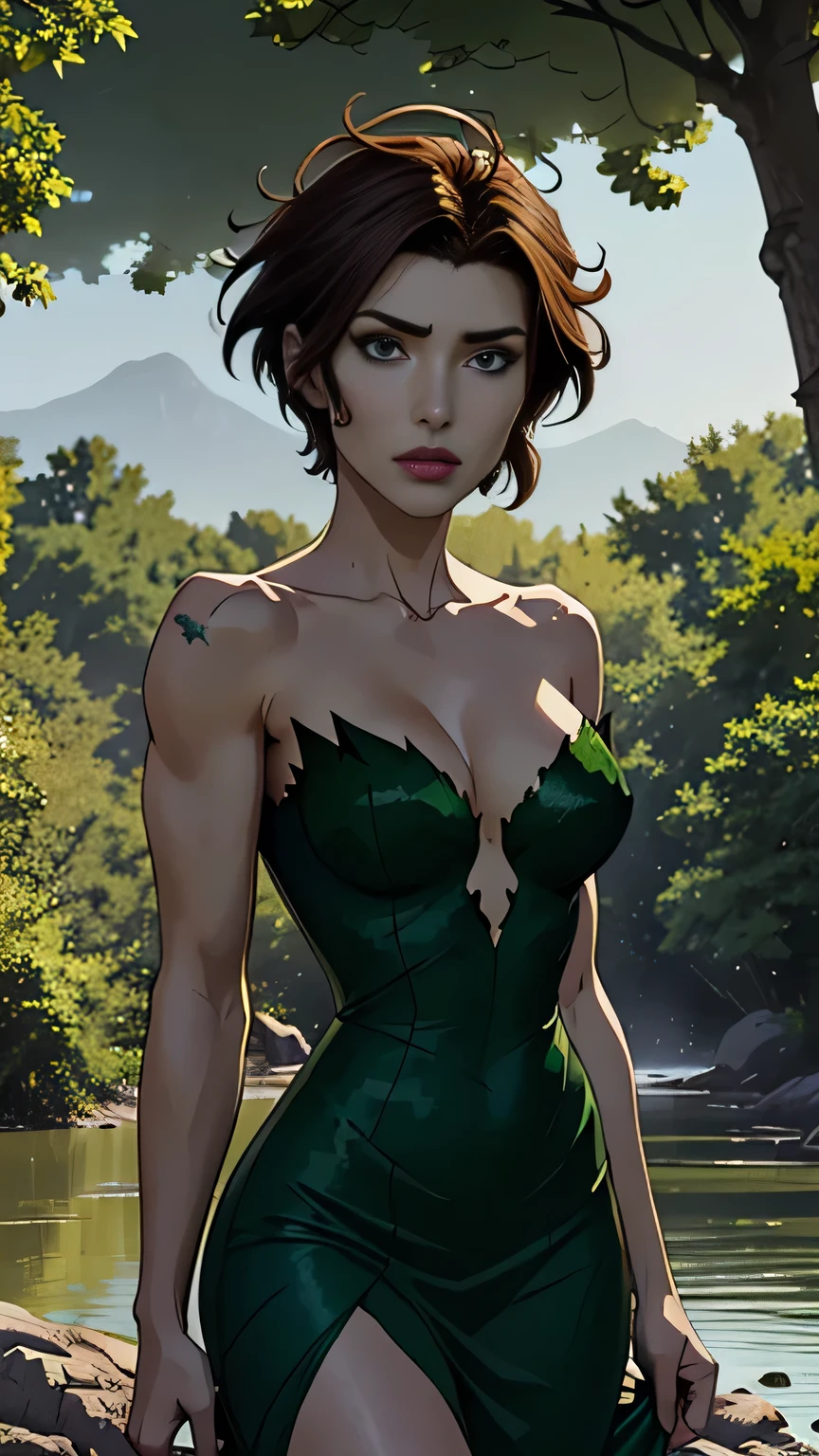 photo of mlp Meowko, RAW, beautiful woman, ((portrait)), ((detailed face:1.2)), ((anime face, anime facial feature, clear skin, glossy anime lips, clear skin), (short messy lesbian haircut, brunette: 1.55), (perfect proportioned body, Strong, muscular, narrow waist, narrow hips, skinny, large breasts), (she is wearing a dress made of leaves, Green strapless dress, poison ivy cosplay), in a forest forest, surrounded by trees, on a rock by a stream, (realistic photo, best quality, detailed), (8k wallpaper), (cinematic lighting, beautiful light, (afternoon:1.3)) (sharp focus, intricate)