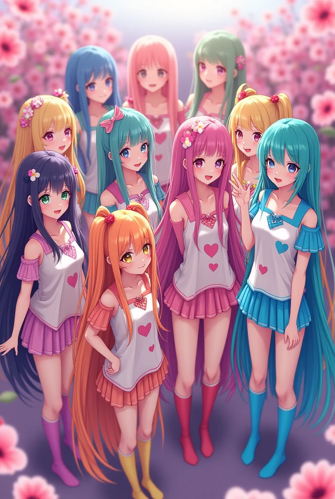 8,000 animated beauties with floor-length hair, wearing colorful thigh-high socks, colorful hirajuku with large hearts on them, and skirts that are short enough to show their colorful panties, take a group photo with their bodies facing forward, smiling slightly.