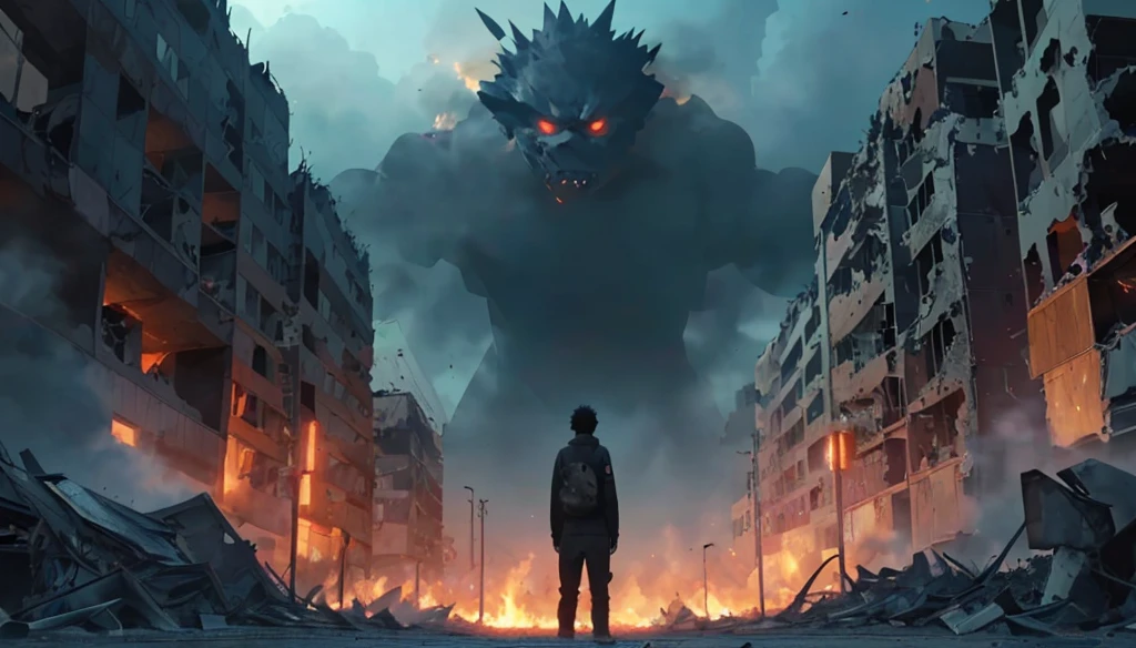  standing in the destroyed city, smoke and fire around, black gigantic smoke monster standing in front of him